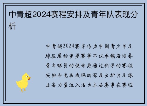 中青超2024赛程安排及青年队表现分析